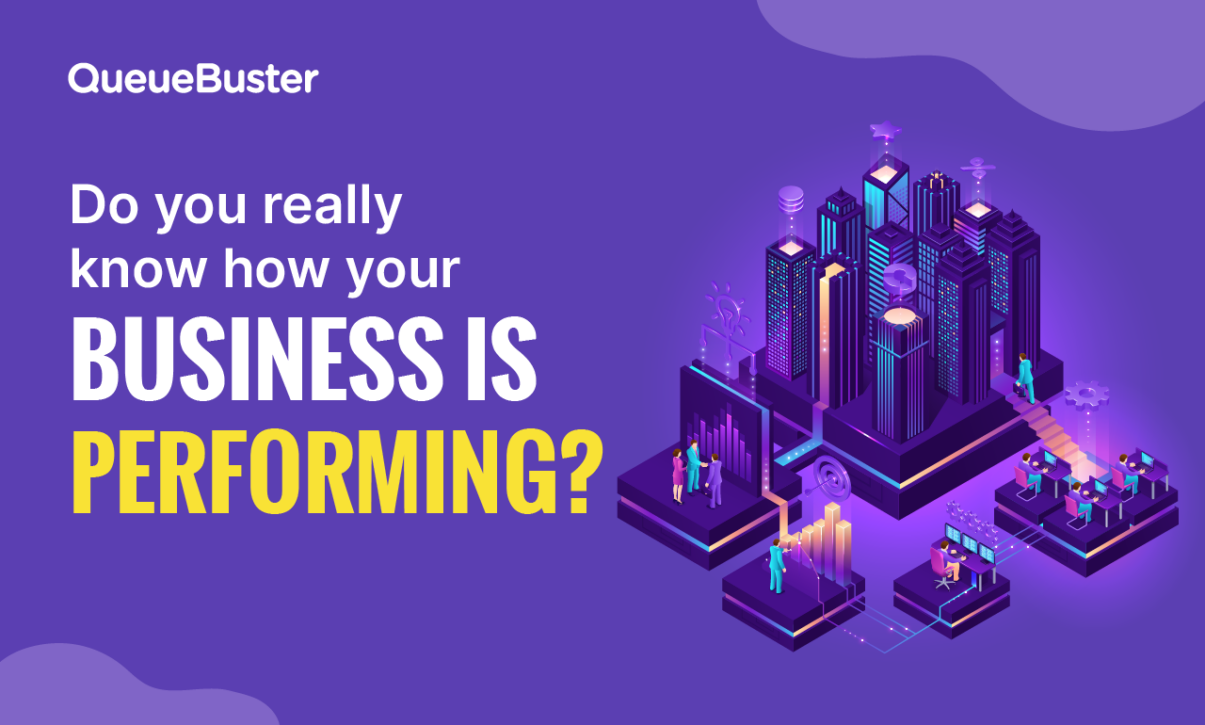 Purple banner with the QueueBuster logo and the question 'Do you really know how your BUSINESS IS PERFORMING?' alongside an isometric city/data-center illustration on the right.