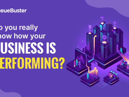 Purple banner with the QueueBuster logo and the question 'Do you really know how your BUSINESS IS PERFORMING?' alongside an isometric city/data-center illustration on the right.