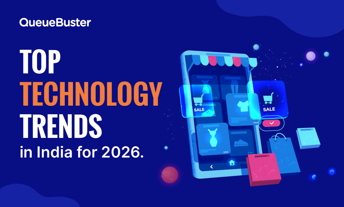 Banner showing the headline 'Top Technology Trends in India for 2026' with a blue background and a 3D shopping app illustration on the right.