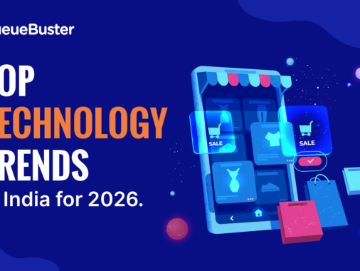 Banner showing the headline 'Top Technology Trends in India for 2026' with a blue background and a 3D shopping app illustration on the right.